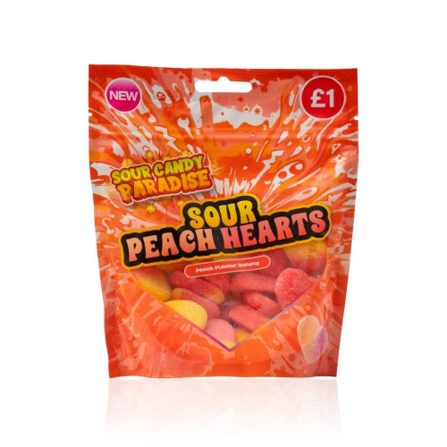 Candy Paradise Sour Peach Hearts Pouch 10x130g PMP &Acirc;&pound;1